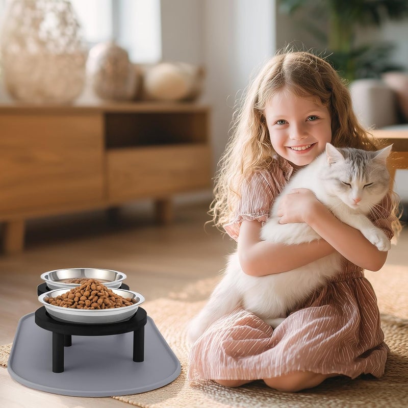 Summark Elevated Cat Bowls with Food Mat,6.3 Inches Shallow Raised Bowls Whisker Friendly,2 Stainless Steel Cat Food and Water Dishes for Cats and Puppies,Dishwasher Safe(Black) - Image 5